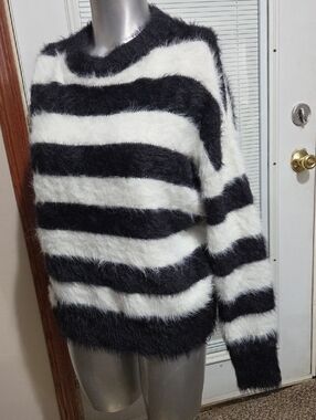 a new day Black and White Fuzzy Striped Crewneck Sweater
